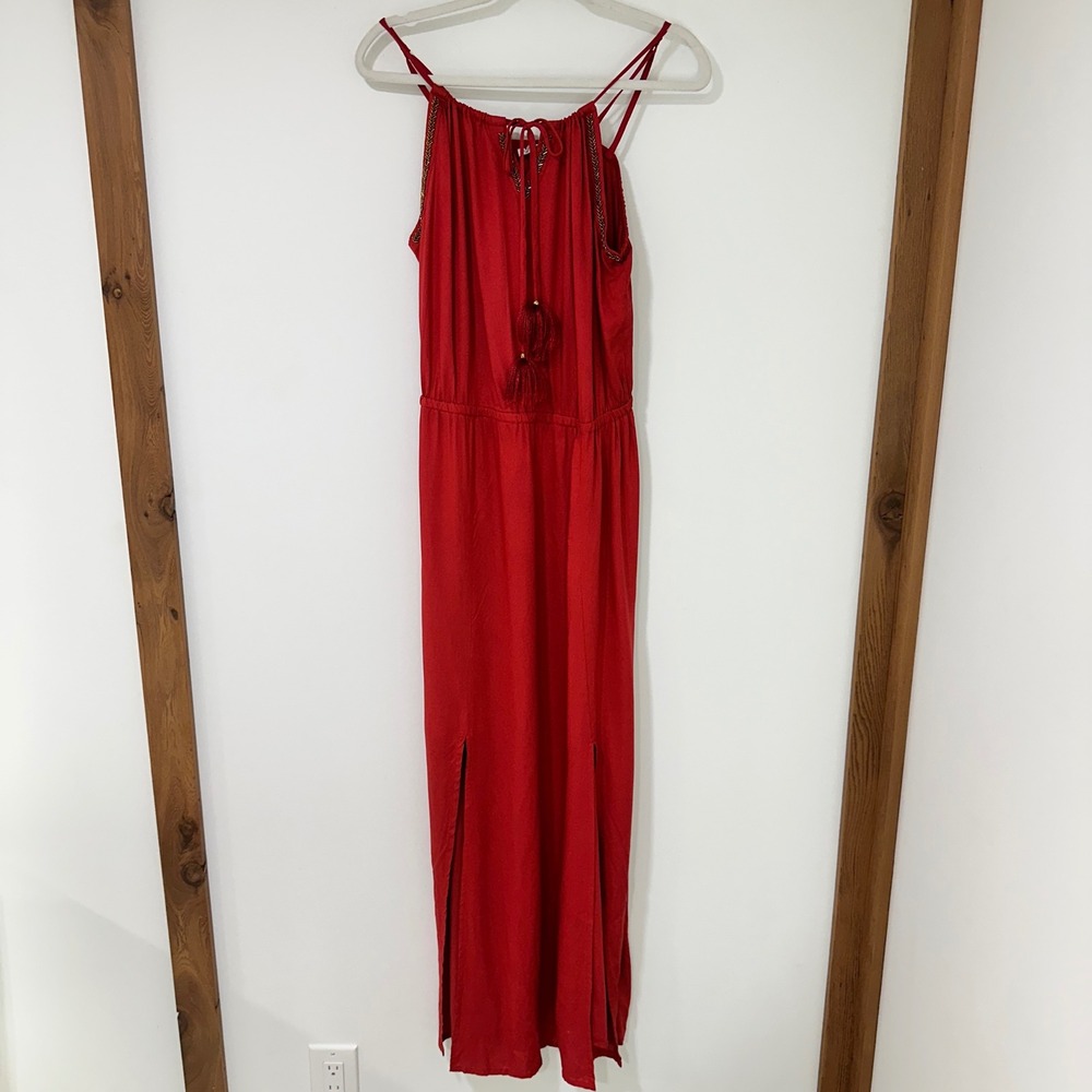 Lascana Maxi Dress Women XL Red Viscose Beaded Tassel Halter Neck Side Slit Boho